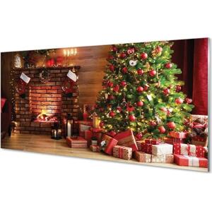 Obraz na skle Krbová dárky vánoční stromky 100x50 cm