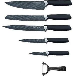 5dílná sada kuchyňských nožů s nepřilnavým povrchem a se škrabkou Royalty Line RL-DC5A / černá/stříbrná