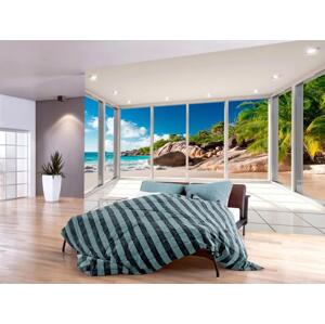 Fototapeta Pohled z okna - slunečná krajina 3D s rájem pláže a tyrkysovým mořem