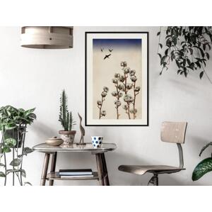 Plakát Větvičky Bavlny - krásná kompozice s rostlinami a ptáky na pozadí nebe