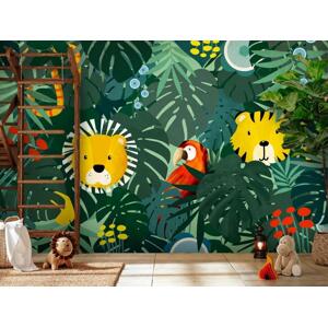 Fototapeta Džungle - motiv zvířat na pozadí s zelenými listy a červeným papouškem