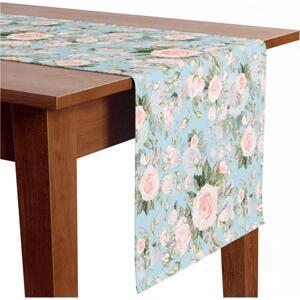 Běhoun na stůl Prchavý obraz - kompozice růží ve stylu cottagecore na modrém pozadí