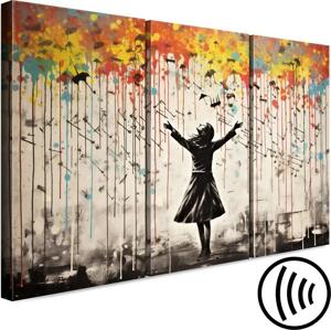 Singing in the Rain - Colorful Graffiti With a Woman in the Style of Banksy