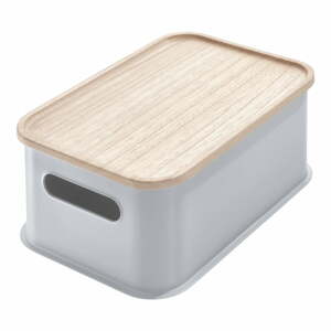 Šedý úložný box s víkem ze dřeva paulownia iDesign Eco Handled, 21,3 x 30,2 cm